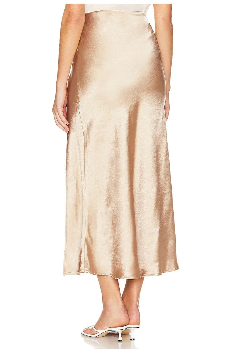 Summer Satin Skirts For Woman Office Maxi A Line Black Silk Skirts With Slit Lady High Waist Women Patchwork Skirt Long Elegant