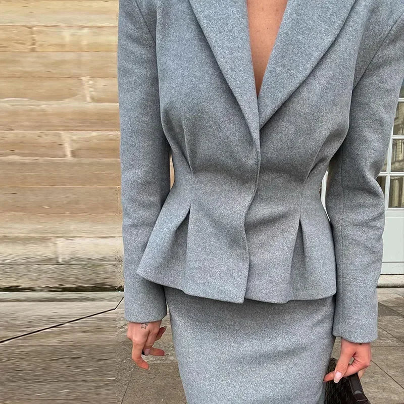 Elegant Women Solid Woolen Blazer Coat Skirt Suits Fashion Lapel Long Sleeves Overcoat Slim Hip Package Long Skirts Lady Outfits