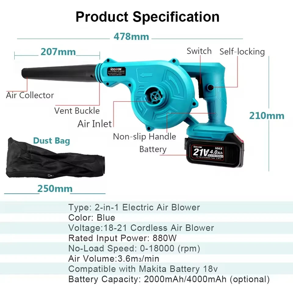 Cordless Handheld Air Blower 2 In 1 Electric Vacuum Cleannig Suction Leaf Blower Dust Cleaner Power Tool for Makita Battery