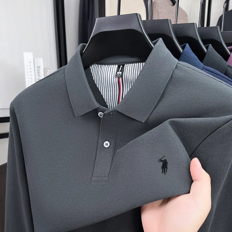 100% Pure Cotton Men's High-Quality Long Sleeve Polo Shirt Autumn New Fashion Brand Design Embroidered T-shirt Sports Casual Top