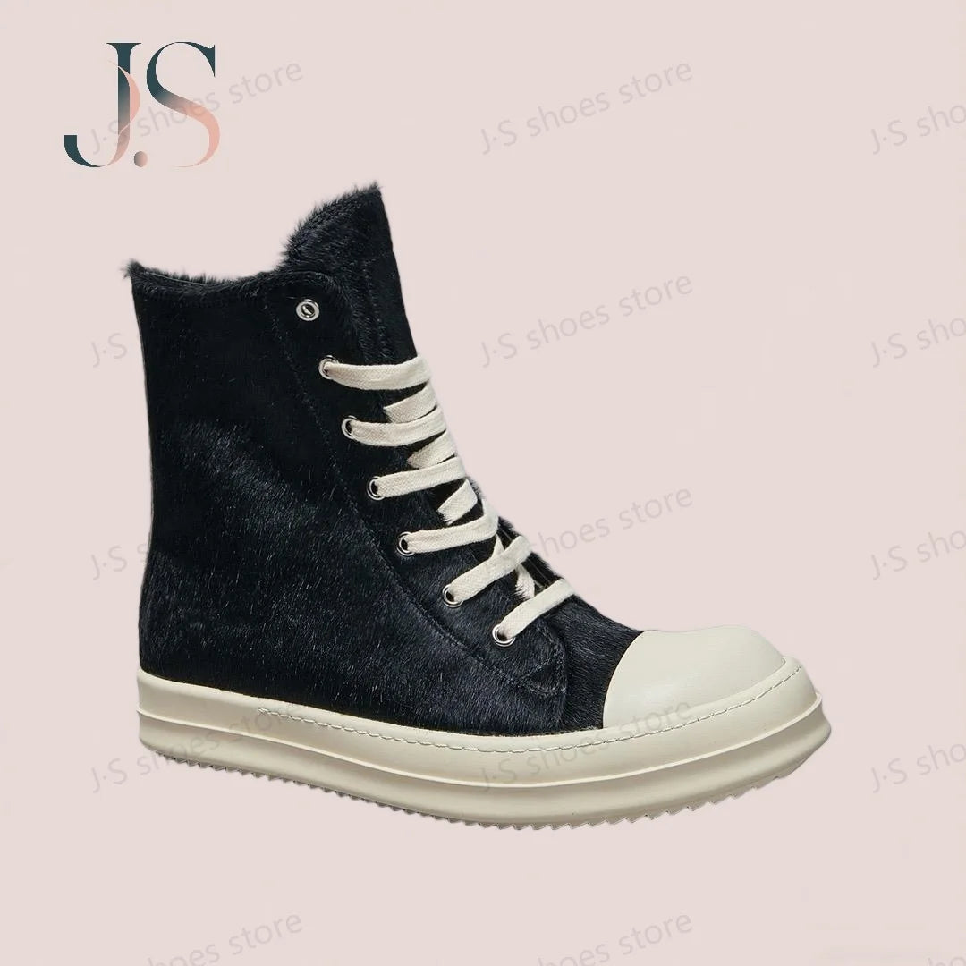 R-o Classic Men Shoe Black Horse Hair Boots Women Shoes High Top Sneaker Black Horsehair Ankle Boot Zipper Outside Sneakers