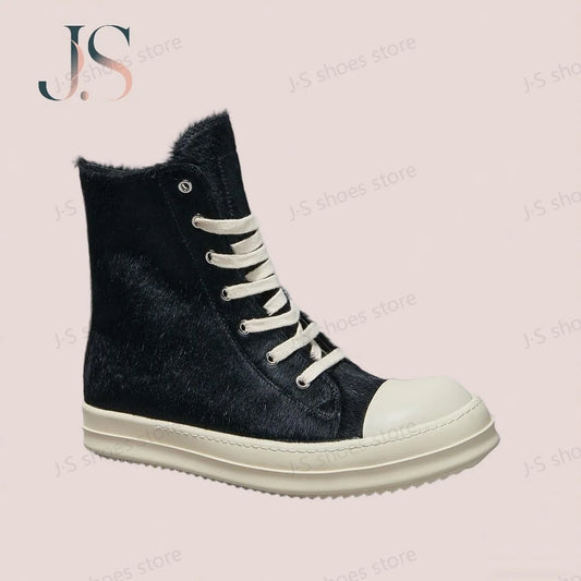 R-o Classic Men Shoe Black Horse Hair Boots Women Shoes High Top Sneaker Black Horsehair Ankle Boot Zipper Outside Sneakers