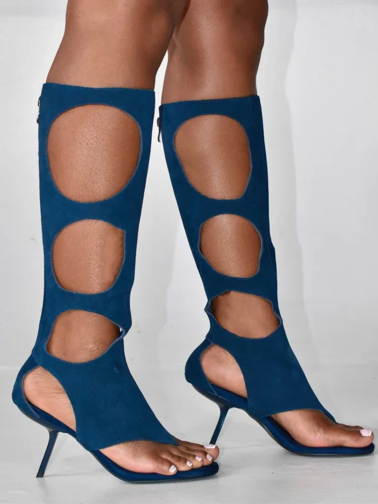 2025Women's SummerLeather Stiletto High Heels Hollow Knee Cool Boots European and American Horse Hair Fashion Show Shoes