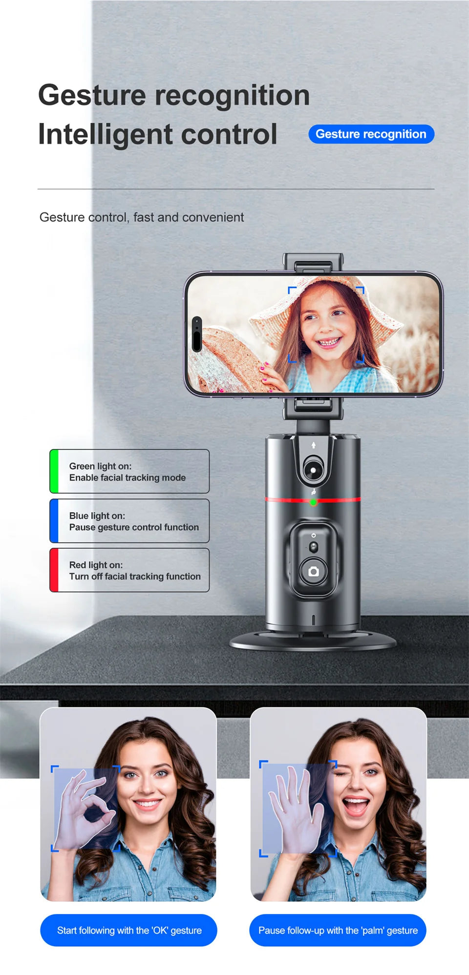 COOL DIER 2024 New 360 Rotation Gimbal Stabilizer Desktop AI Automatic Tracking gimbal With Remote shutter For Smartphone Tiktok