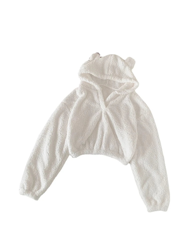 Autumn Winter Women Kawaii Shorts Set Soft Plush Bear Ears Hooded Sweatshirt High Waist Shorts Suit Girls Hoodies 2 Piece Sets