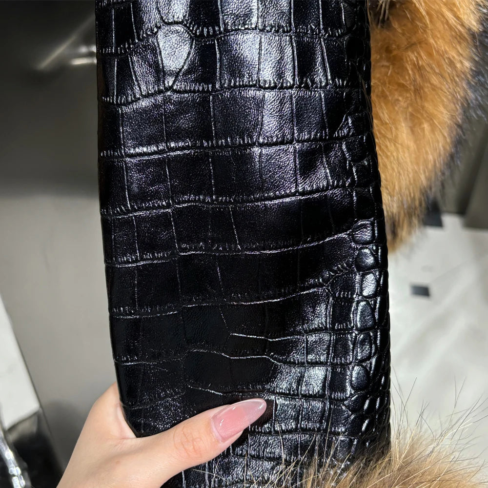 Natural Raccoon Fur Collar Real Leather Jacket Women 2025 Autumn Black Crocodile Textured Leather Jacket Ladies Streetwear