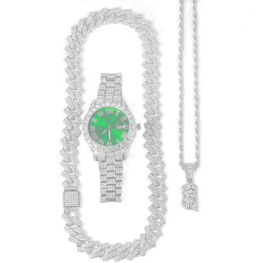 Men's Hip-hop Watch Jewelry Set Iced Out Punk Diamond Watch+Cuban Chain+Jesus Pendant Necklace Stylish Trend Men Women Gift Set