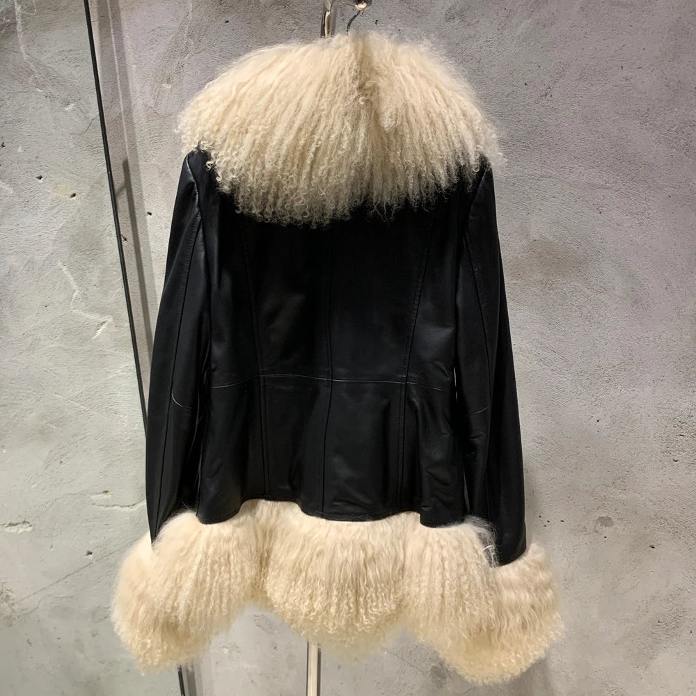 Sheep Collar Coats Women Winter Luxury Mongolian Fur Leather Jackets with Long Sleeve 7251