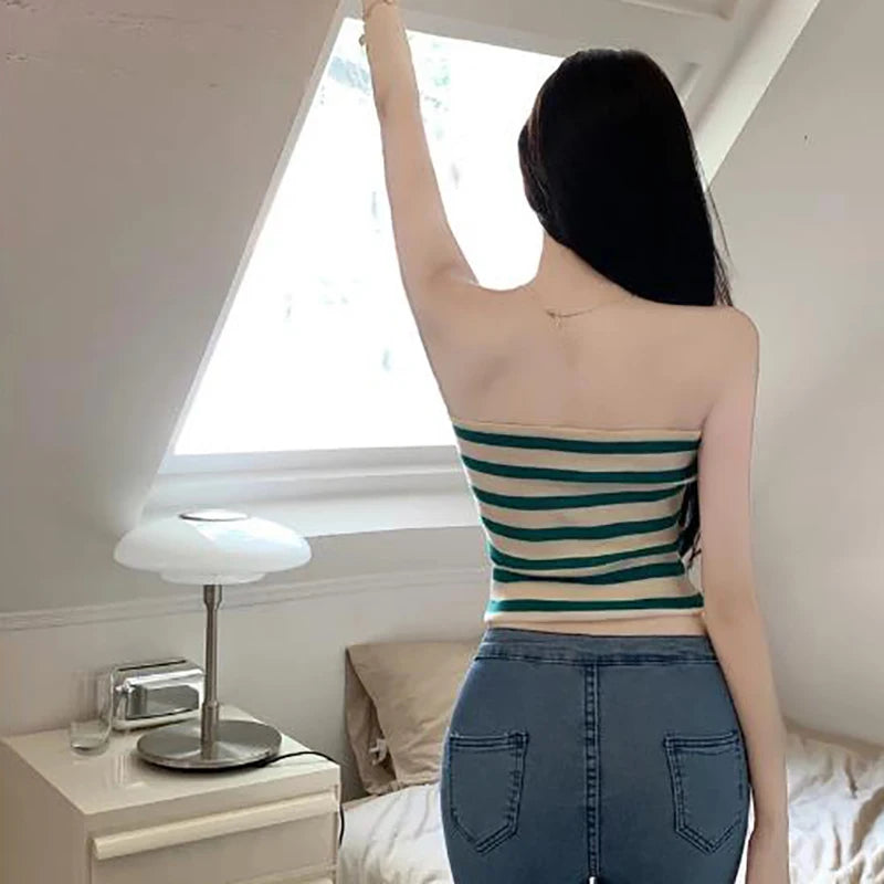Summer Sexy Spice Retro Striped Tank Top Women Outer Wear Short Sleeveless Tops New Bustier