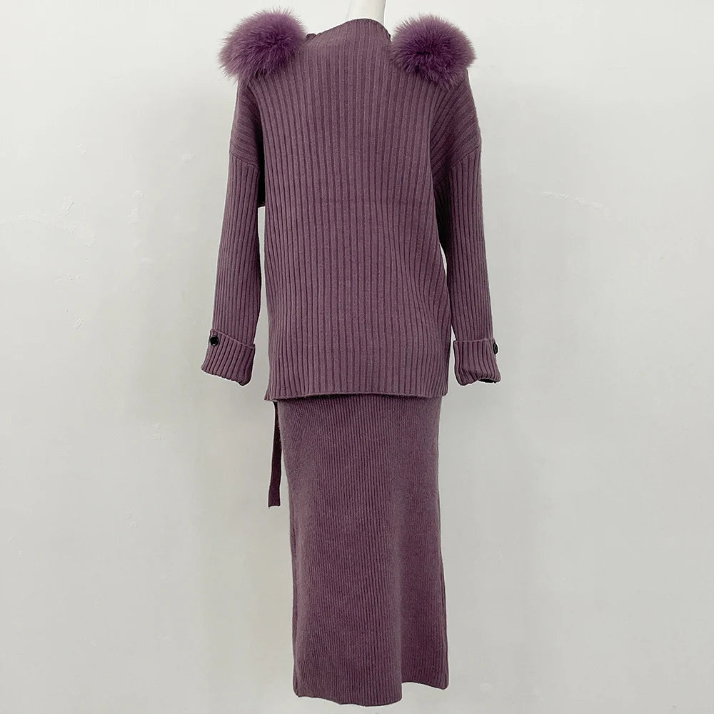 Sweater Set Warm suit Women Winter Knitted Suits two Piece Set Natural fox fur collar Sweater + Loose Trousers Office Lady Suit