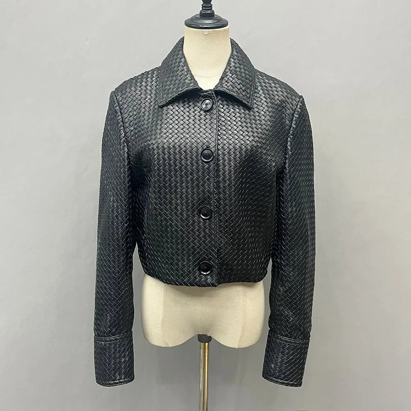 2025A Spring Autumn Knitted Jacket Real Leather Jacket Lady Fashion Blazer Women Genuine Sheepskin Leather Coat