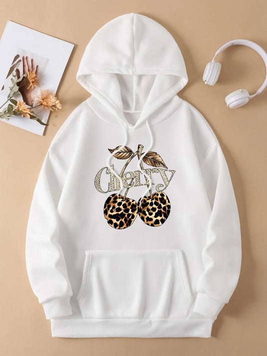 2025 Leopard Cherry Creative Printing Hoodies Women All-Match Streetwear Y2K Pocket Hoody Autumn Winter Casual Women Clothing