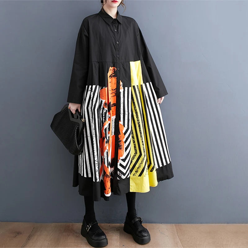 Long Sleeve Patchwork Vintage Print Dresses For Women Loose Casual Midi Dress Robe Fashion Elegant Clothing Spring Autumn 2025