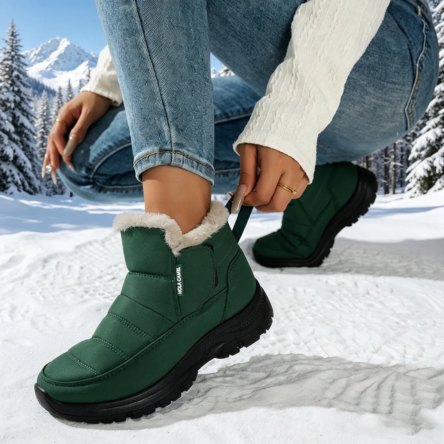 Women Fleece Lined Snow Boots Waterproof Non Slip Thick Sole Zipper Winter Ankle Booties