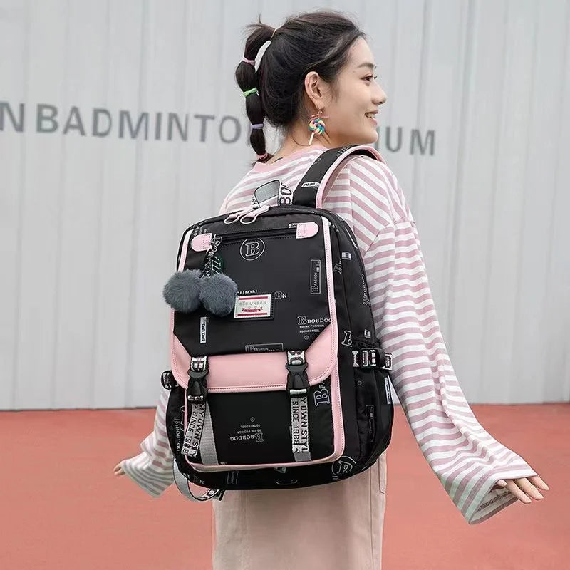 Large School Bags for Teenage Girls Canvas Schoolbag Student Book Bag Fashion Black Pink Teen School Backpack