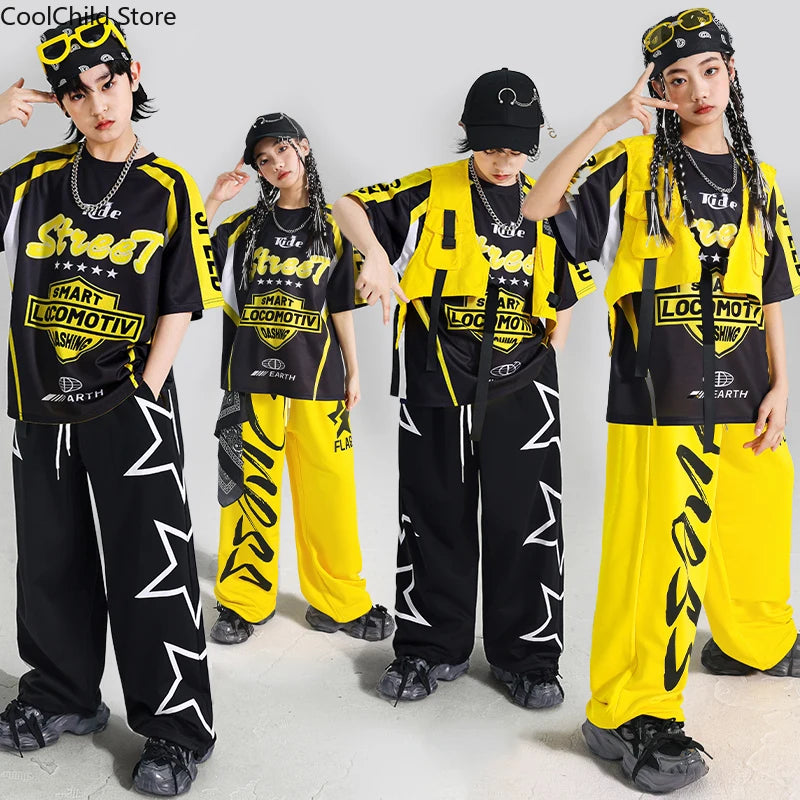 Boys Hip Hop Contrast T-shirt Yellow Vest Sweat Pants Girls Street Dance Jazz Costume Children Clothes Set Kids K-pop Streetwear