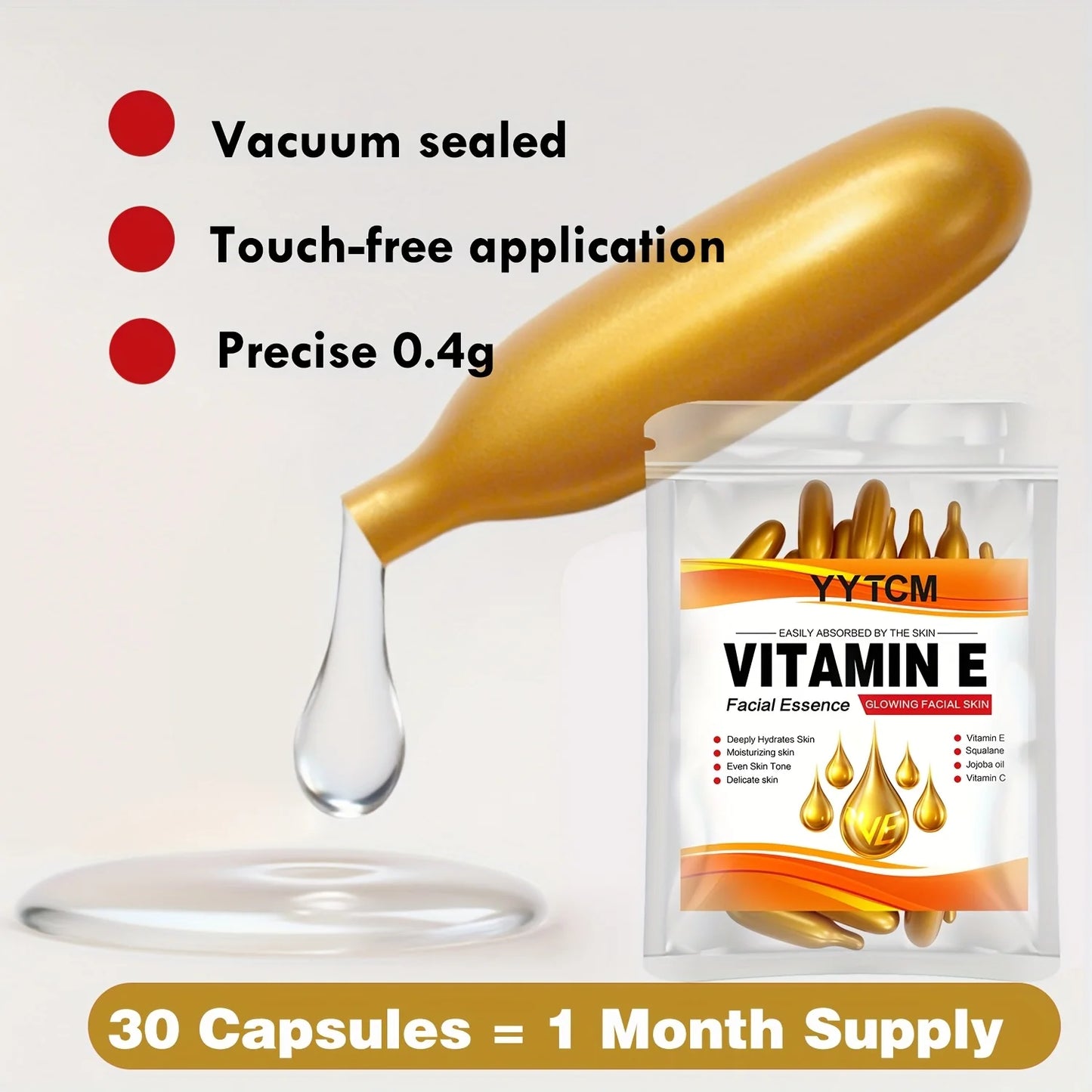 Vitamin E Deep Moisturizing Capsule Essence, Hydrates and Smoothes the Skin, Contains Plant Squalane, Vitamin C, Deep Hydrating and Brightening Skin Essence (0.4g X 30 Capsules)/Bag-1 Bag
