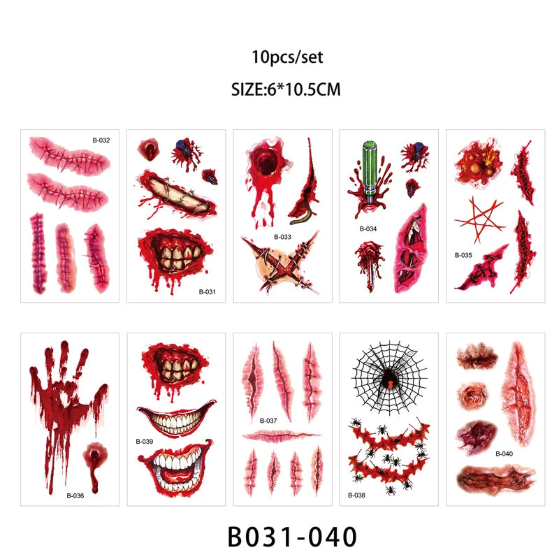 Day of the Dead Halloween Tattoos Stickers Temporary Bloodstain Wound Costume Party Festival Celebration Make Up Arm Face Tattoo