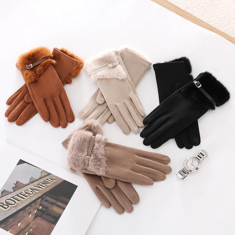 Women's Winter Gloves with Fleece Lining, Warm, Windproof, Cold-Resistant, Plush Decoration, Touchscreen Compatible, Suitable for Driving and Cycling, 1 Pair