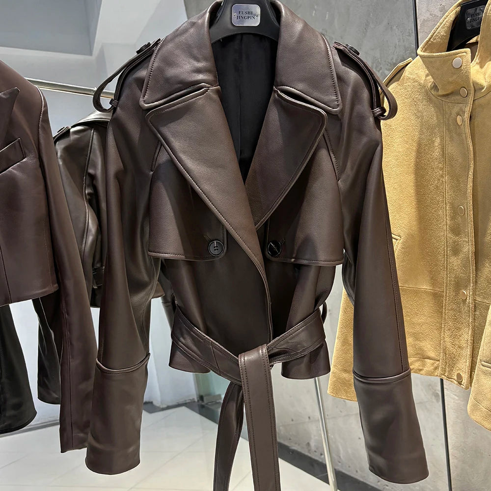 YOLOAgain Real Leather Jacket Women Burgundy Grain Leather Jacket With Belt