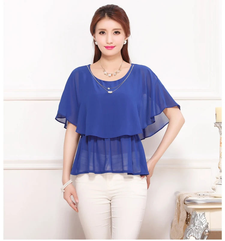 2025 Women Summer Tops Blouse Fashion Elegant Ruffle Batwing Sleeves Chiffon Shirt Loose Casual Clothing blusas mujer de moda