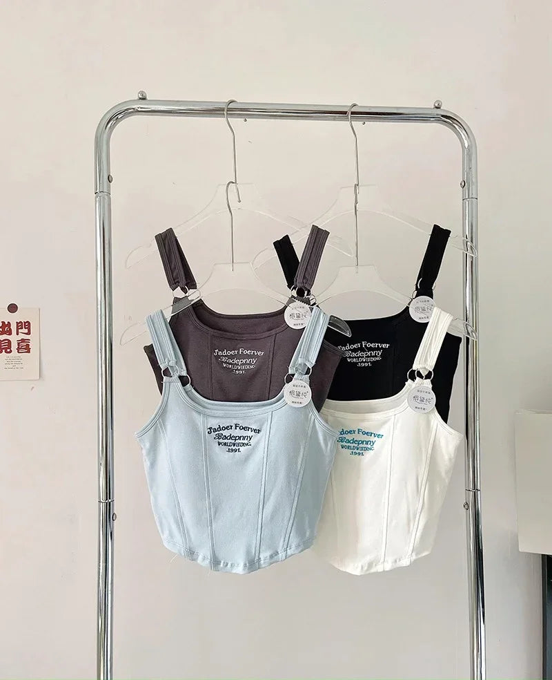 Women Summer Tops Sexy Camisole Square Collar Tank Top Y2k Slveless Female Crop Tops With Pad Fashion Vest Embroidery Letter