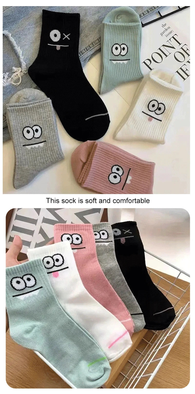 5/10 Pairs Women's Cute Expression Printed Ankle Socks Comfort Interesting Spring Autumn Medium Tube Sock Girls' Short Socks