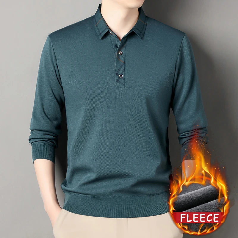 Winter Pullovers Men Knit Polo Shirts Fashion Fleece Lined Polo Sweaters Jumper Thick Knitting Polo Shirts