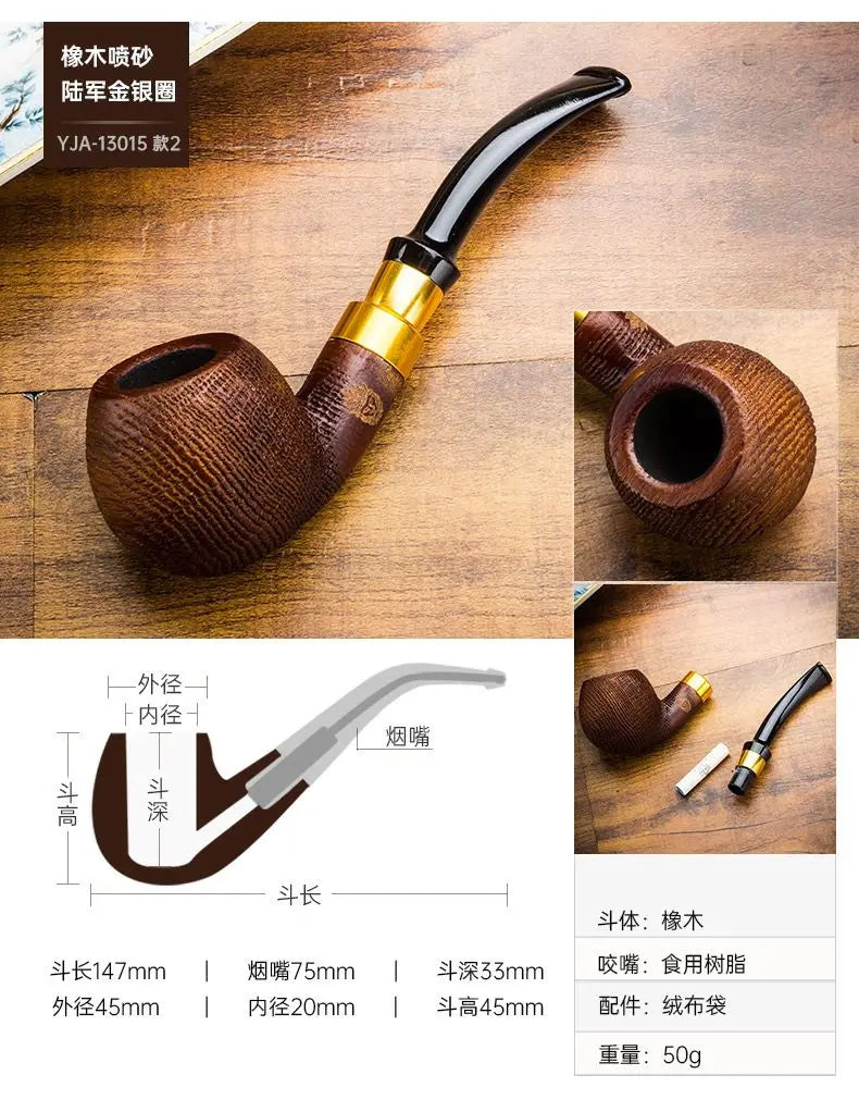 Oak Wood Sandblasted Tobacco Pipe with Gold Silver Band 9mm Filter Straight Bent Smoking Pipe for Men Gift Accessories
