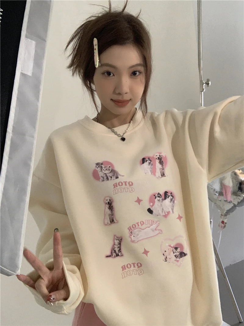 KOSAHIKI Cute Hoodies Women Letter Dog Print Sudaderas Mujer O-neck Sweatshirt Harajuku Streetwear Y2k Pullover Moletom Feminino