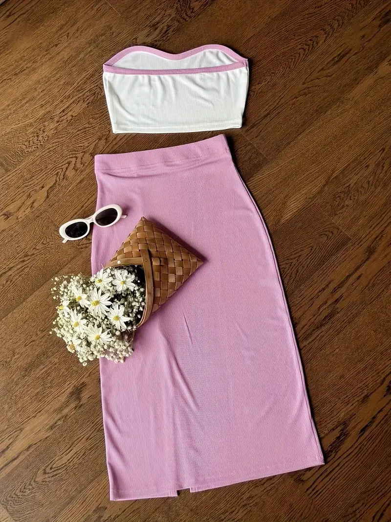 Summer Women 2 Piece Outfit Ribbed Strapless Tube Top and High Waist Midi Skirt Contrast Color Matching Set