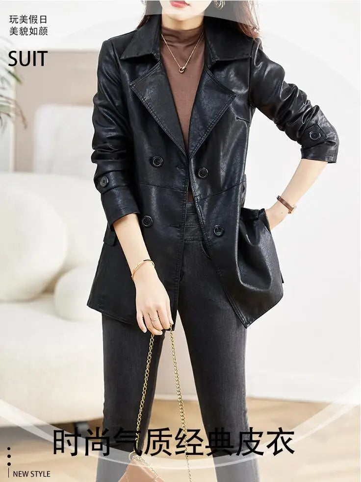 Turn-down Collar Genuine Leather Jacket Women Korean Fashion Slim Sheepskin Coat Black Real Leather jackets ladies Casual Blazer