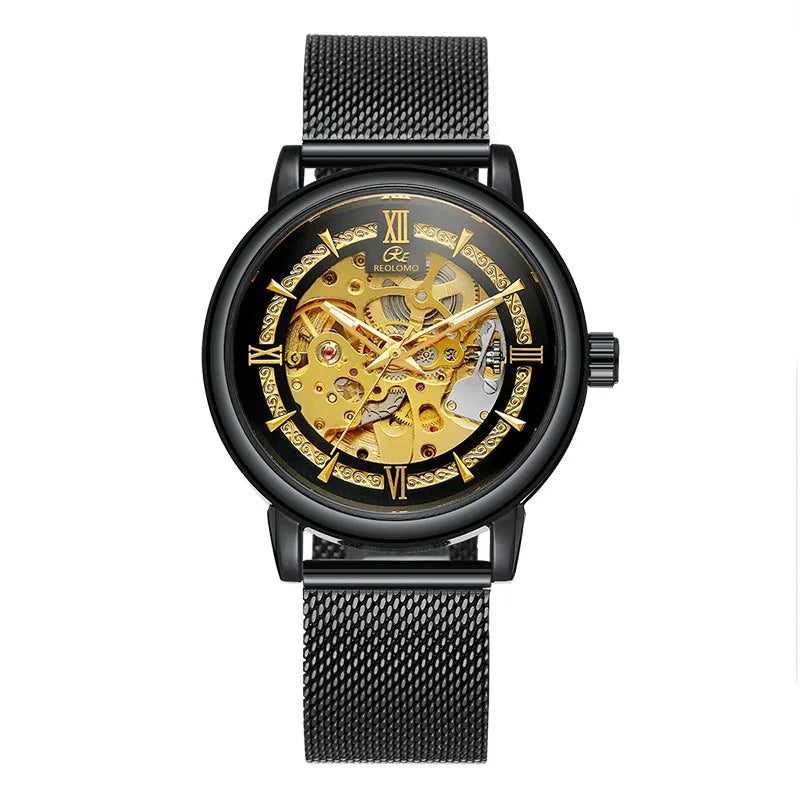 Men's automatic mechanical watch, European and American fashion hollow mechanical watch, woven mesh belt men's watch
