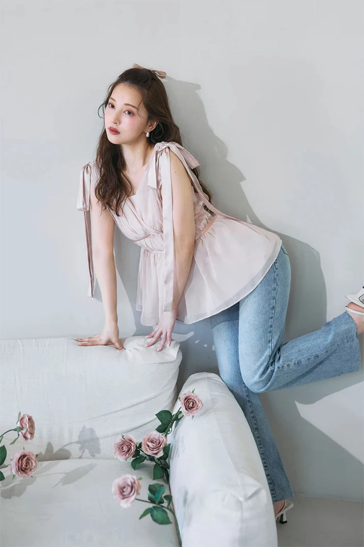 Women's Tops Summer Bow Tie Sweet Elegant Blouse Femme V Neck Shirt Waist-Cinching Japanese Style Sleeveless Chiffon Blouse