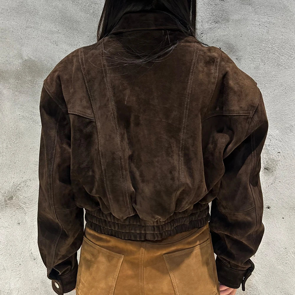 GBY Brown Suede Leather Jacket Cropped Genuine Soft Sheep Jacket 2025 Woman Jackets