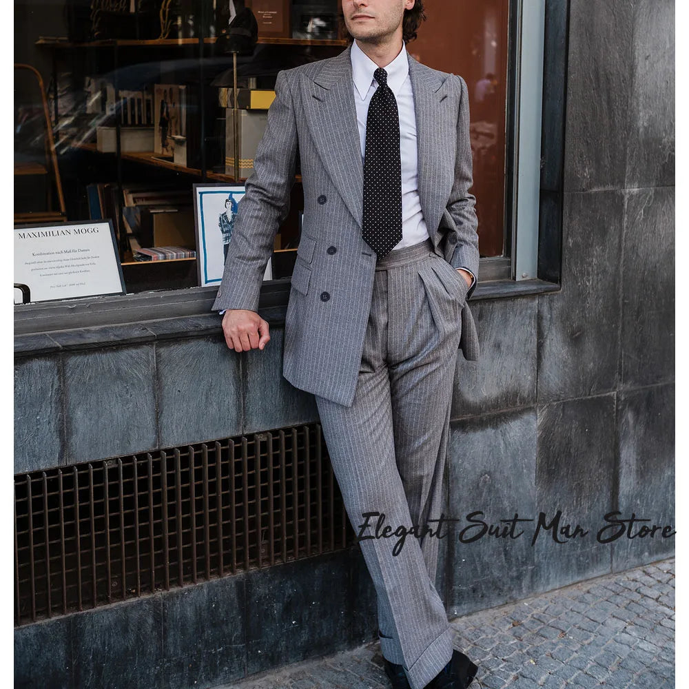 Wool Thick Striped Business Suit 2-piece Set(Jacket+pants) Business suit workwear Double breasted striped suit Jacket suit pants