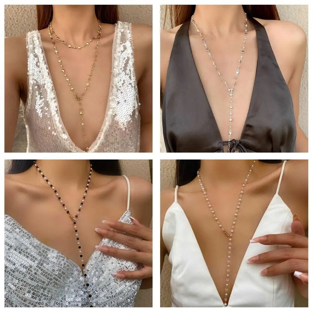 Long Y-Shaped Necklace for Women Bohemian Colorful Glass Metal Collarbone Chain Tassel Clavicle Choker Body Jewelry Gifts