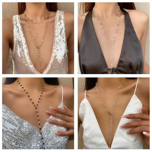 Long Y-Shaped Necklace for Women Bohemian Colorful Glass Metal Collarbone Chain Tassel Clavicle Choker Body Jewelry Gifts