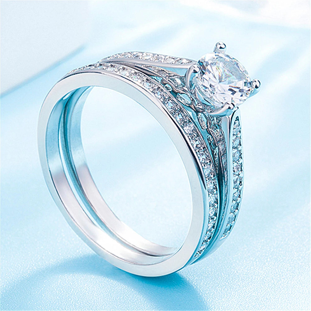 925 Sterling Silver Ring Inlaid With Crystal Zircon Fashionable Couple Double Layer Ring, Wedding Party Gift Jewelry