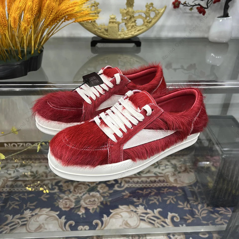 24ss New Horse Hair Low Top Quality Casual Shoes Dark Red Men Genuine Leather Thick Sole Lace Up Luxury Sports Ro Women Sneakers