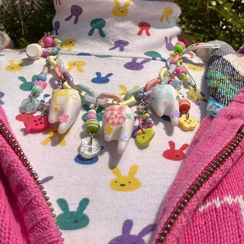 Teeth Necklace Beaded Pin Cute Children's Fun Design Necklace Creative Versatile Button Accessories for Women