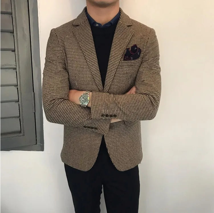 Spring and Autumn Wool Suit Men's Jacket Houndstooth Suit Large Size Retro Slim Business Thickened Casual Suit