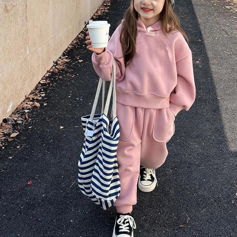 2025 Winter New Children Plus Velvet Thick Clothes Set Boys Girls Fleece Hooded Sweatshirt + Sweat Pants Suit Kids Warm Outfits