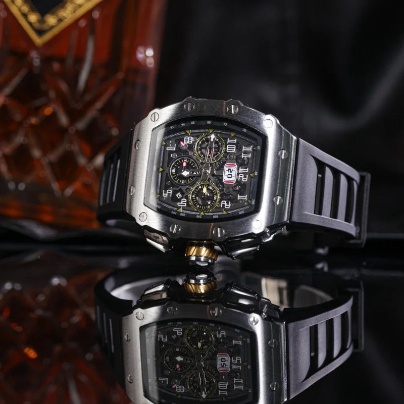 Fully automatic mechanical watch men's large dial men's trendy and fashionable wine barrel shaped mechanical watch sports men's