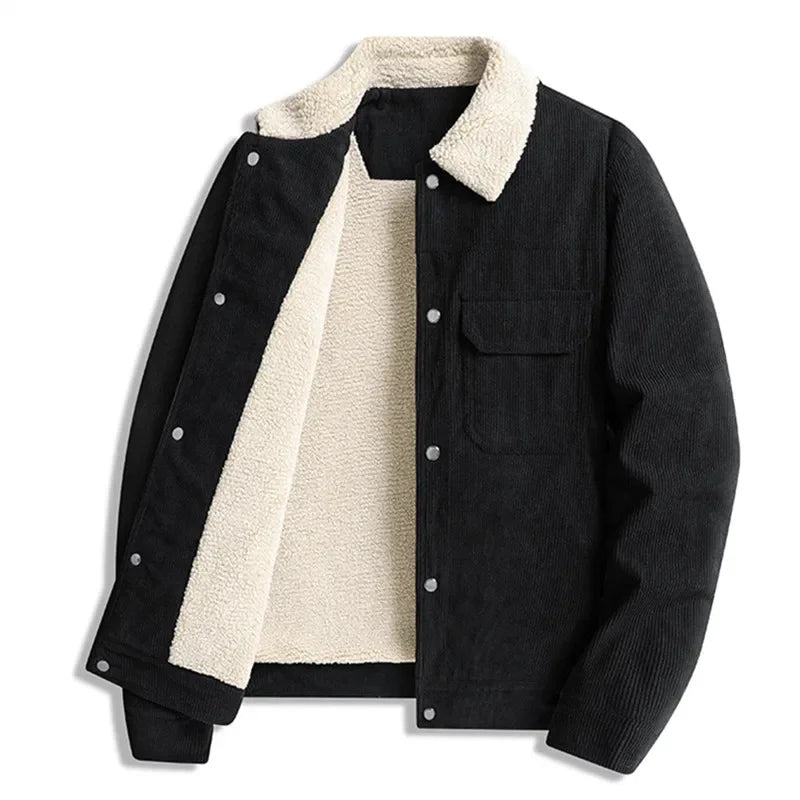 Winter Jackets Men Casual Fleece Warm Turn Down Collar Corduroy Coat Fashion Solid Color Outerwear Coats Daily Mens Clothing