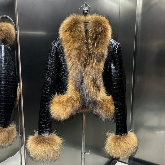 Natural Raccoon Fur Collar Real Leather Jacket Women 2025 Autumn Black Crocodile Textured Leather Jacket Ladies Streetwear