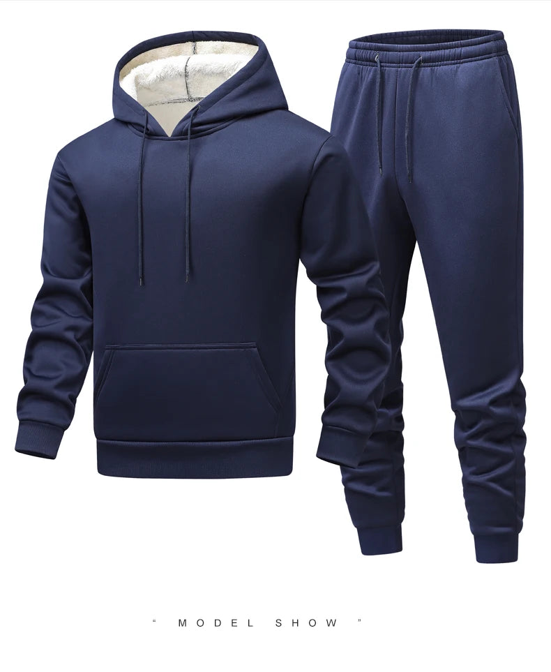 Winter Lambswool Men's Sets Thickened Fleece Sweatshirt Suit Men's Two-piece Hooded Tracksuit Men Sweatshirts Eu Sizes XS-2XL