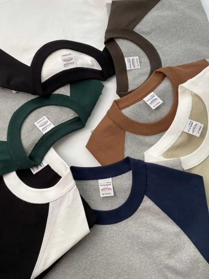 Mens 100% Heavy Cotton T-Shirt 300gsm Oversized Casual Stitching Color Tee Round Neck Loose Fit Knitted Tops Fashion Streetwear