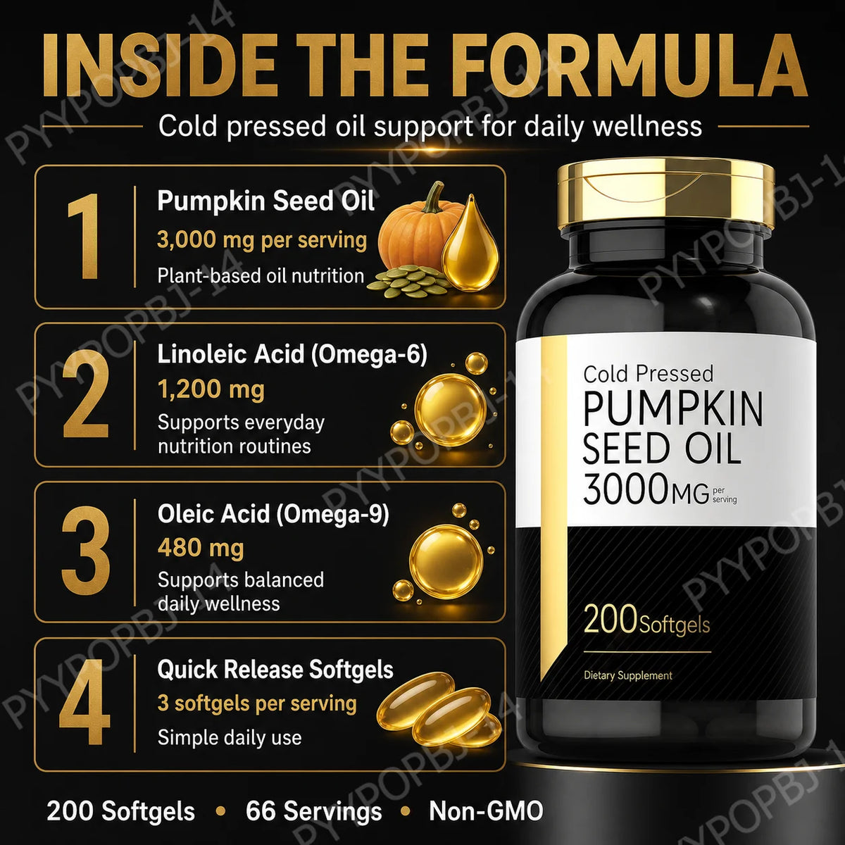 Pumpkin Seed Oil Capsules 3000mg Extract Body Essential Fatty Acids Cold Pressed Non-GMO Gluten Free 200 Count Supplement