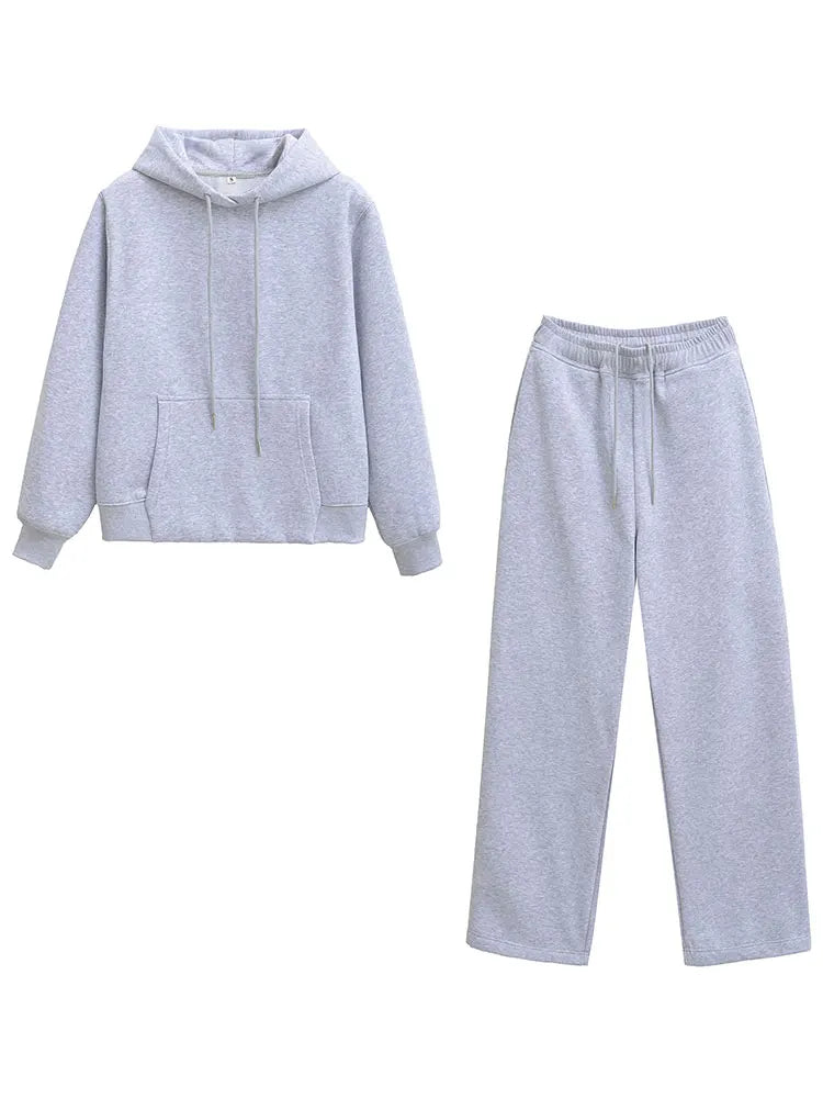 HH Women Solid Pants Suits Pullover Coats Hooded Sweatshirts Drawstring Wide Leg Trousers Autumn Casual Woman Jogging Pants Sets